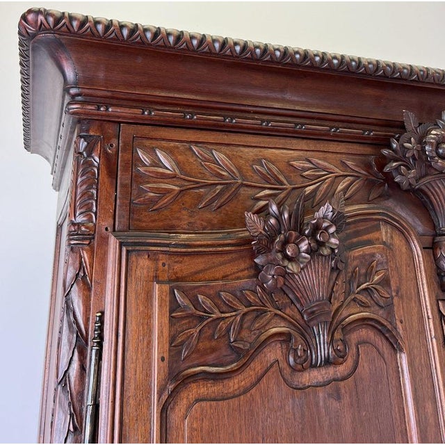 Vintage French Louis XVI Style Carved Walnut 2-Door Wardrobe For Sale - Image 4 of 18