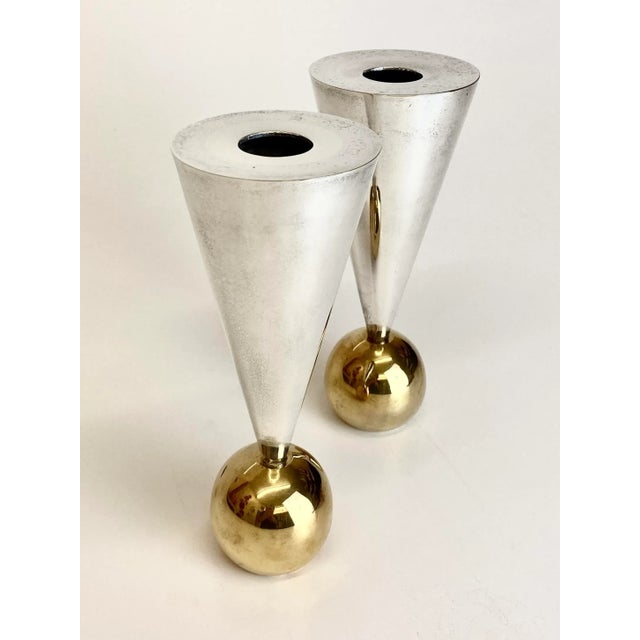 Brass Geometric Postmodern Sterling Silver and Brass Plated Candle Holders - a Pair For Sale - Image 8 of 11