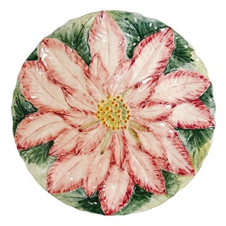 1990s Large Italian Pink Poinsettia Faience Charger For Sale
