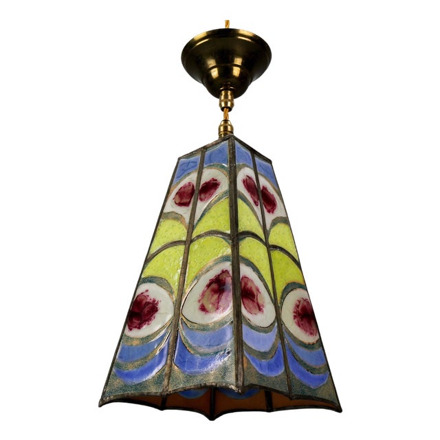Mid-Century Blue, Yellow and Red Stained Glass Pendant Light, 1970s For Sale