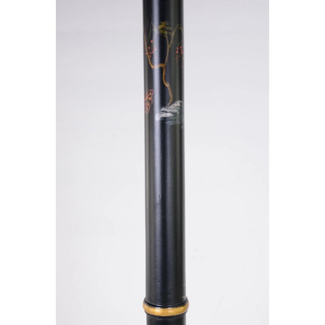 Vintage Black Pillar Wood Hand-Painted Color Chinoiseries Pattern Floor Lamp For Sale - Image 4 of 8