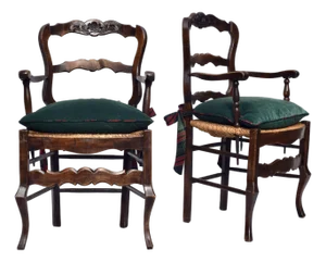 Antique French Country Walnut Rush Seat Accent Arm Chairs