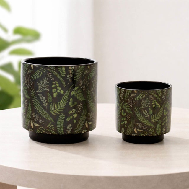Modern Botanical Fern Print Dolomite Planter (Set of 2) For Sale - Image 3 of 5