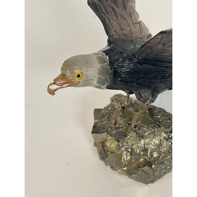 Wonderful pair of handcarved from semiprecious natural stones eagle bird sculptures mounted on pirite mineral bases.