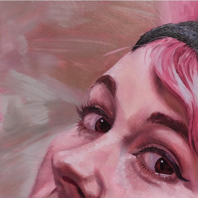 This intimate oil painting on wood captures a close-up view of a face, focusing on expressive features and a playful gaze....