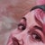 This intimate oil painting on wood captures a close-up view of a face, focusing on expressive features and a playful gaze....