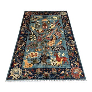 Blue Afghan Pictorial Tree of Life Hand-Knotted Wool Rug - 9'9" X 6'7" For Sale