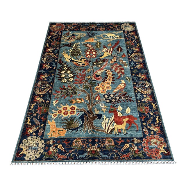 Blue Afghan Pictorial Tree of Life Hand-Knotted Wool Rug - 9'9" X 6'7" For Sale