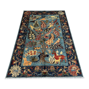 Blue Afghan Pictorial Tree of Life Hand-Knotted Wool Rug - 9'9" X 6'7"