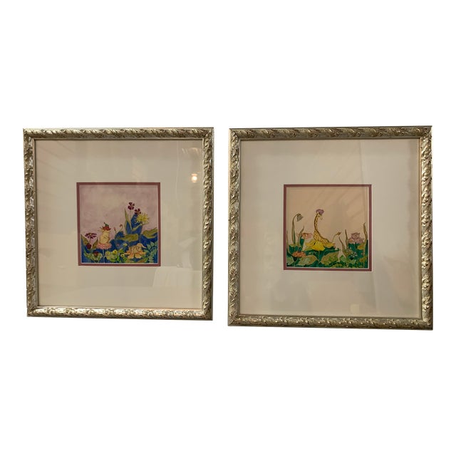 1970s Garden Fairy Watercolor Paintings, Framed - Set of 2 For Sale