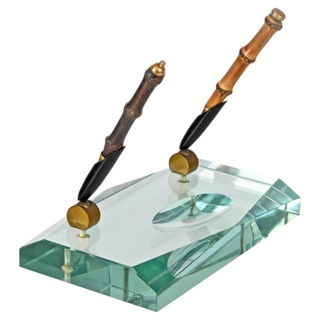 Beveled Nile Green Crystal and Brass Pen Holder attributed to Fontana Arte, Italy, 1950s For Sale - Image 16 of 16
