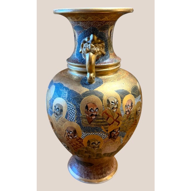 Japanese Antique Meiji Japanese Satsuma Ryuzan Rakan Vase Gilt Dragon Handles 16" For Sale - Image 3 of 16