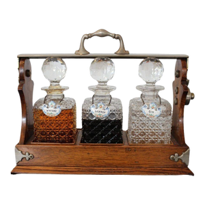 Antique English Oak Tantalus With Three Cut Crystal Decanters, C. Late 1800s