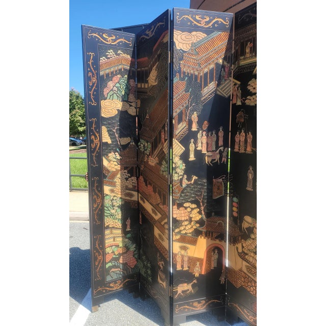 Asian Polychrome Coromandel Black Lacquered Enamel Eight-Panel Court Floor Screen For Sale - Image 11 of 12
