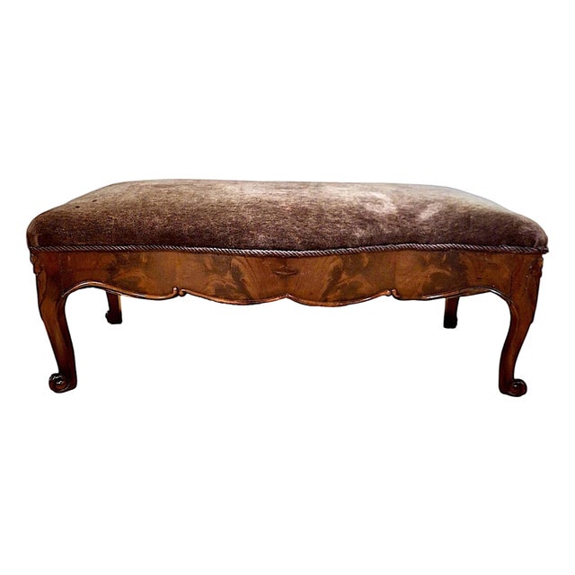 19th-Century French Carved Mahogany and Mohair Bench For Sale