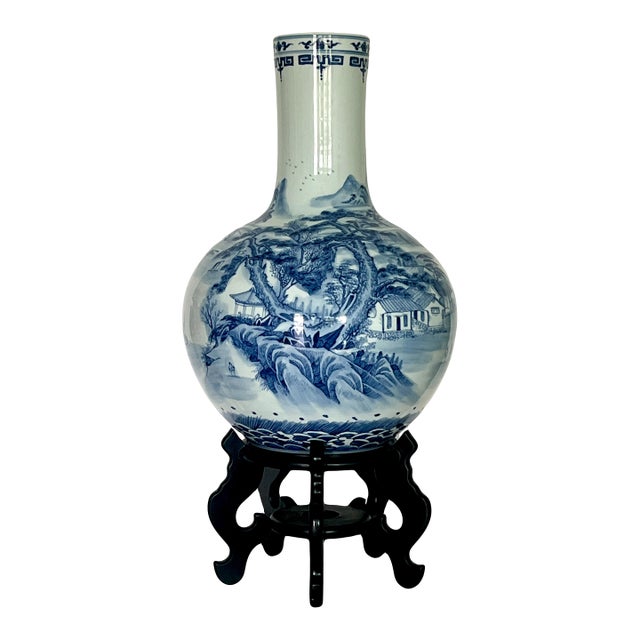 Large Chinese Artist Signed Blue and White Porcelain Floor Vase, Mountains, Lakes & Waterfalls (Shan Shui) Landscapes, For Sale