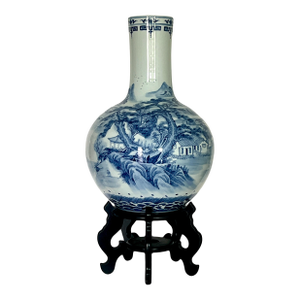 Large Chinese Artist Signed Blue and White Porcelain Floor Vase, Mountains, Lakes & Waterfalls (Shan Shui) Landscapes,