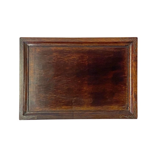 Wood Chinese Brown Rectangular Flower Motif Plain Flat Wood Tray For Sale - Image 7 of 7