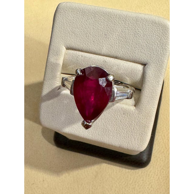 5 Carat Pear Treated Ruby & 0.25 ct Diamond Ring 14 Karat White Gold Size 4.5 For Sale - Image 9 of 18
