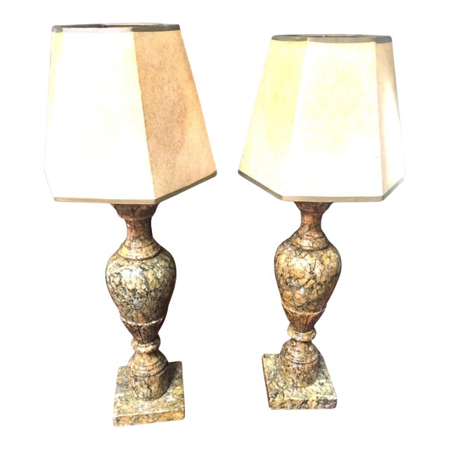 Antique Italian Polished Pink and Black Marble Petite Table Lamp Pair For Sale