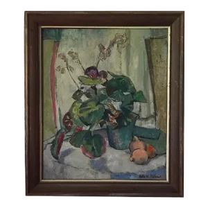 1950s Mid Century Modern Floral Still Life of an Orchid with Fruit Oil Painting by Ruth Pillman