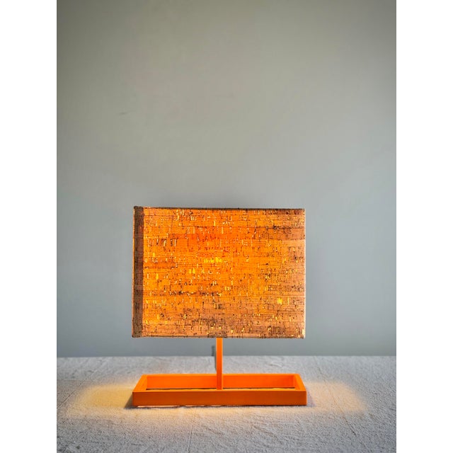 Vintage Italian Postmodern Style Orange Table Lamb With Rectangular Cork Lamp Shade in Style of Memphis Milano Modernist Design For Sale - Image 11 of 12