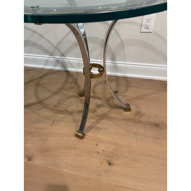 1960s Pair of Vintage French Glass, Steel and Brass Round Side Tables Attributed to Maison Jansen For Sale - Image 5 of 7