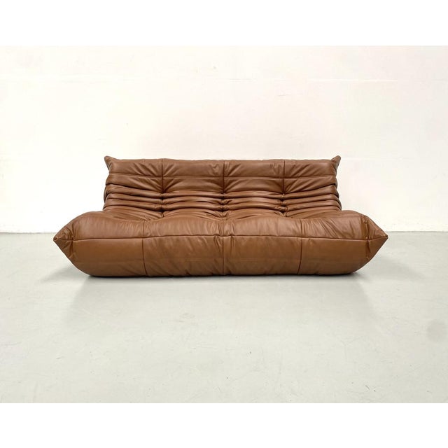 French Togo Sofa in Dark Cognac Leather attributed to Michel Ducaroy for Ligne Roset For Sale - Image 6 of 15