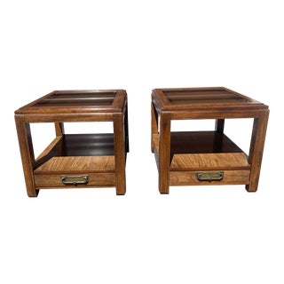 1990s Pair of Bassett Cane Glass Top End Tables For Sale
