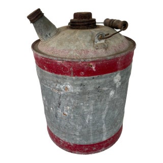 Vintage Galvanized Metal Oil Can With Red Bands & Wooden Handle, C. 1930s–1940s For Sale