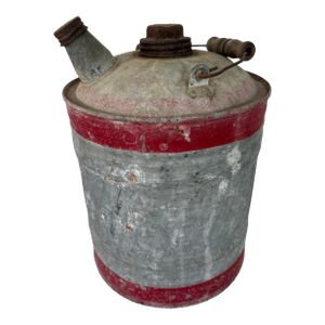 Vintage Galvanized Metal Oil Can With Red Bands & Wooden Handle, C. 1930s–1940s