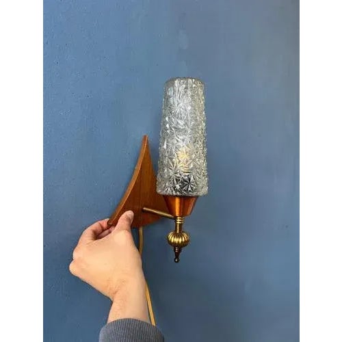 Vintage Teak Wood & Clear Glass Wall Sconce Lamp For Sale - Image 6 of 11