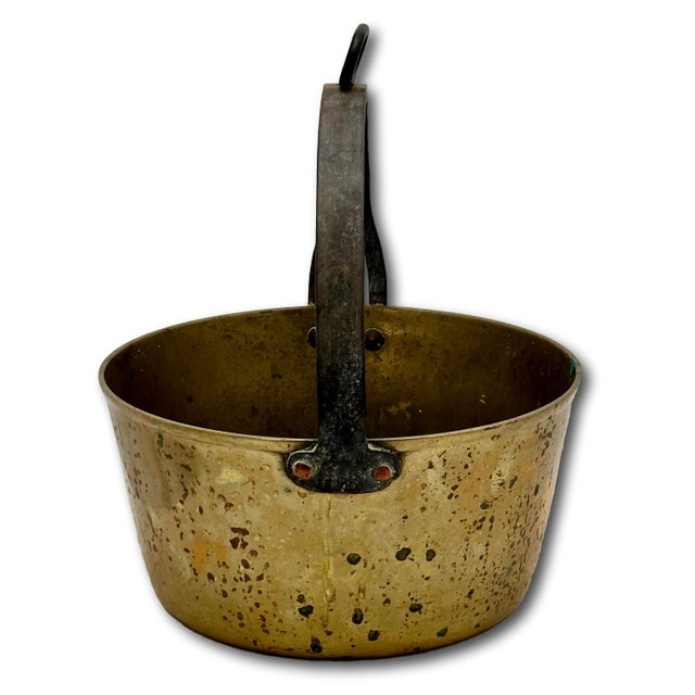 Mid 19th Century Unusual Mid 1800s Antique Heavy Brass & Hand Wrought Iron Fireplace Hearth Hanging Cooking Pot For Sale - Image 5 of 18