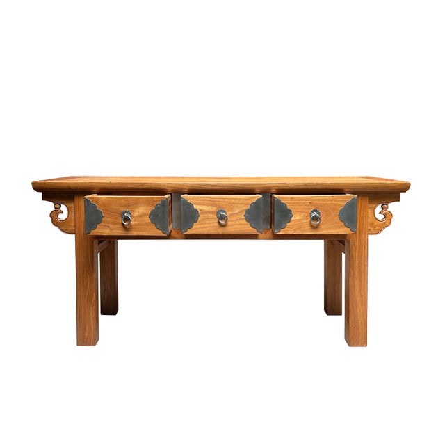 Traditional Oriental Copper Brown Ru Yi Apron 3 Drawers Low Bench Table For Sale - Image 3 of 13