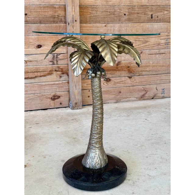 Hollywood Regency Vintage Regency Marge Carson Gilt Palm Tree Table With Marble Base and Glass Top For Sale - Image 3 of 12