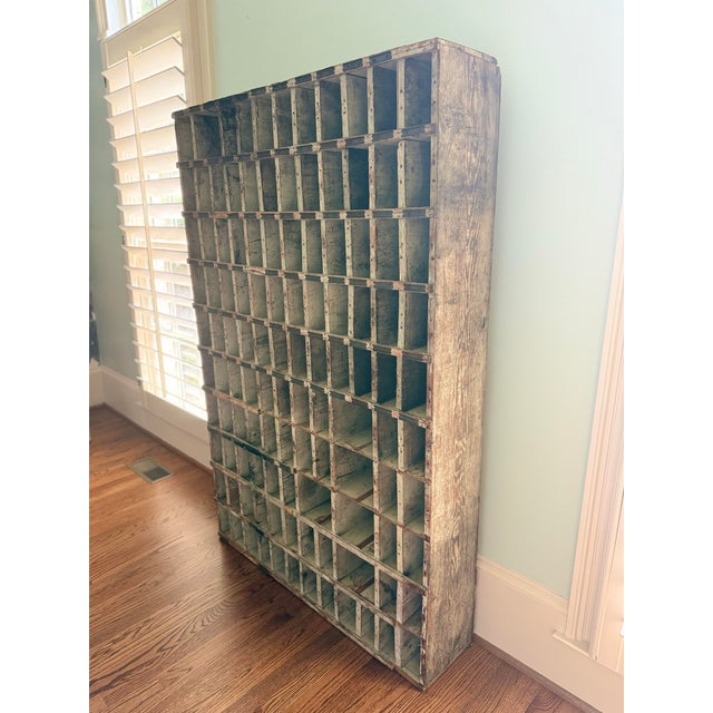 Industrial Antique Industrial Wooden Printer’s Type Case Cabinet With 120 Compartments – Original Painted Finish For Sale - Image 3 of 6