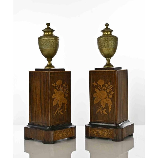 Pair of Bronze Vases French Empire, bronze metal and inlaid wood. 19th Century. Very good condition.