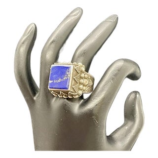Antique Yemen Sterling Silver Lapis Lazuli Tower Ring, Size 9.5. Antique Yemen Jewelry For Sale