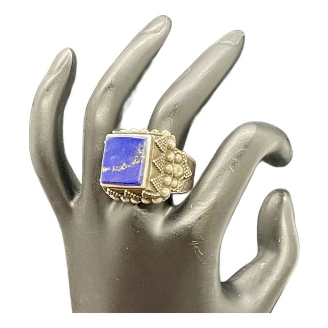 Antique Yemen Sterling Silver Lapis Lazuli Tower Ring, Size 9.5. Antique Yemen Jewelry For Sale
