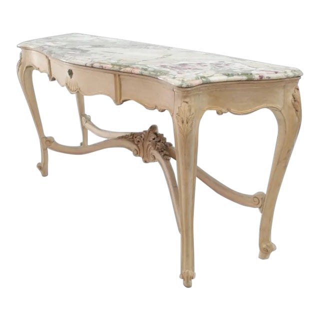 French Tall Bleached White Wash Painted Walnut Marble-Top Sideboard Console Table For Sale
