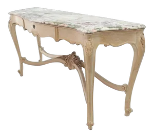 French Tall Bleached White Wash Painted Walnut Marble-Top Sideboard Console Table