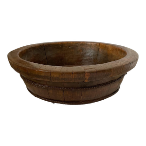 Antique Chinese Wood Grain Bowl With Metal Banding 19.5”