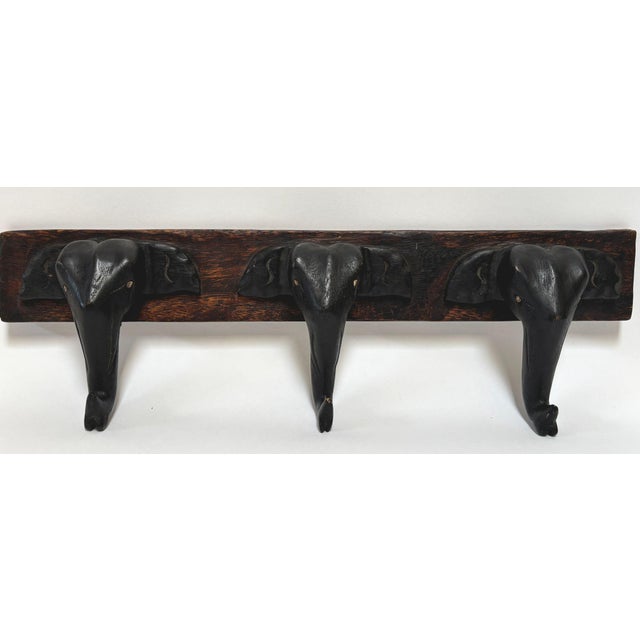Tribal Hand-Carved Wooden Elephant Wall Coat Rack Triple Head Hooks Asian/African Style For Sale - Image 3 of 12