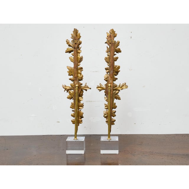 Pair of 19th Century Rococo Revival Giltwood Floral Carvings on Lucite Bases For Sale - Image 4 of 8