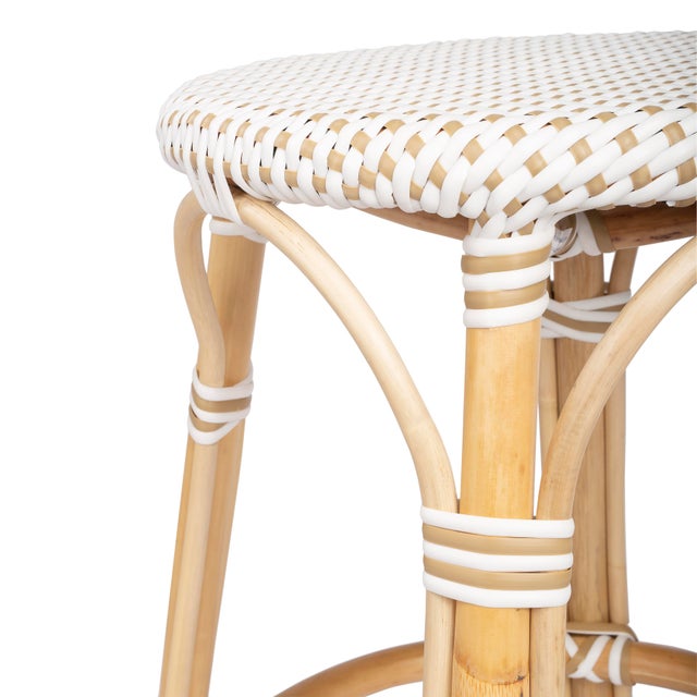 Wood Tobias 24 in. Seat Height Round Rattan Backless Counter Stool, White/Tan Dot / Natural Rattan Frame For Sale - Image 7 of 9