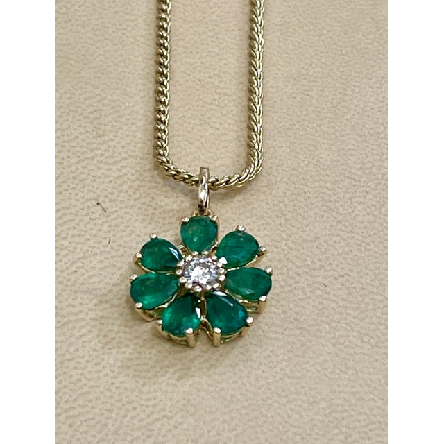 Emerald and Solitaire Diamonds Flower Pendant Necklace 14 Karat Yellow Gold For Sale - Image 17 of 18