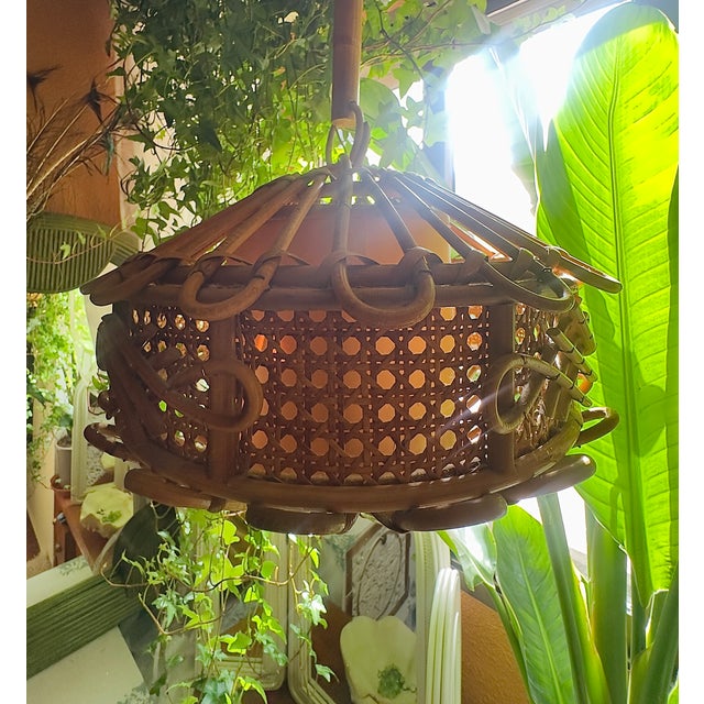 Bamboo and Rattan Pendant Lamp with Chinoiserie Details by Louis Sognot, 1950 For Sale - Image 6 of 9