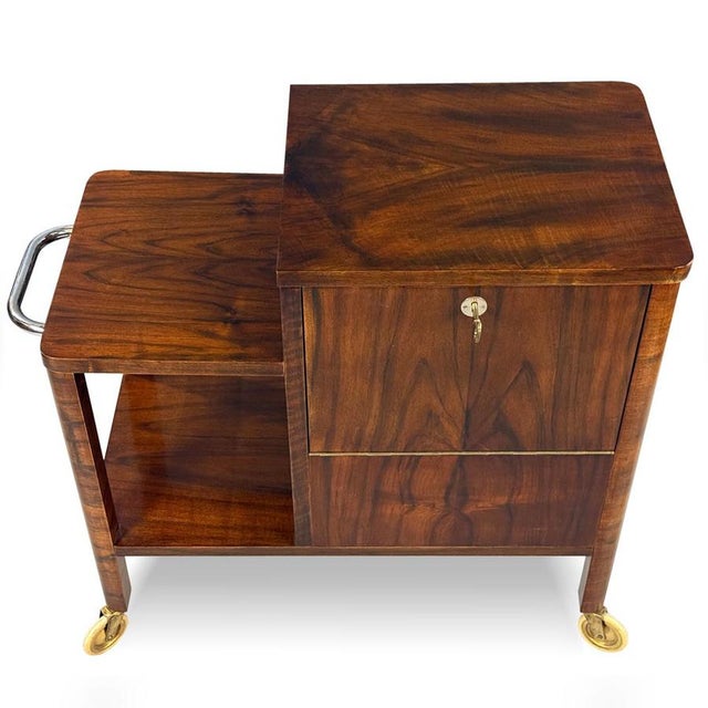Art Deco Walnut Serving Bar Cart from Bohemia, 1930s For Sale - Image 4 of 10