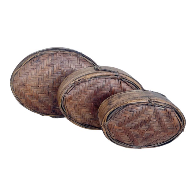 Antique Woven Rattan/Split Bamboo Oval Nesting Boxes-A Set For Sale
