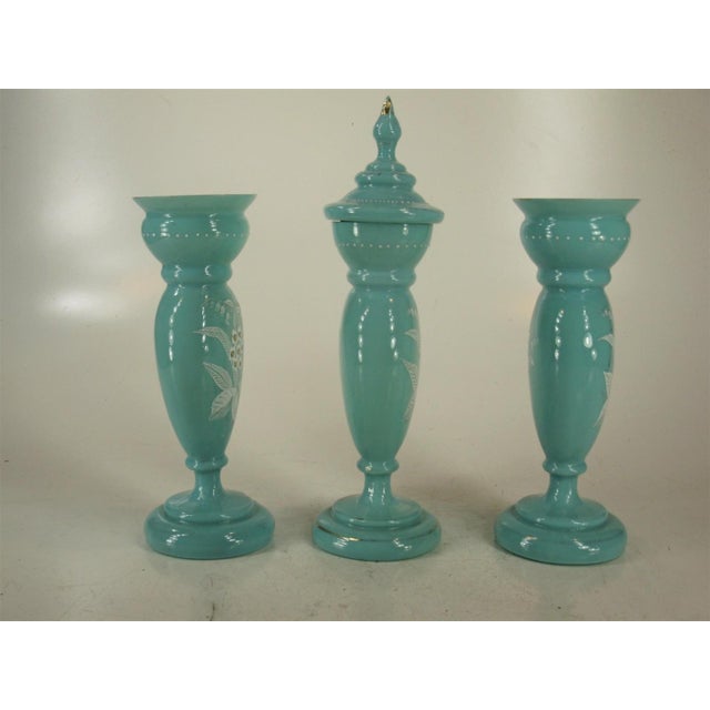 Mid 19th Century Vases Victorian Mantel 3-Pc. Set Bristol Glass Blue Opalescent Hand-Painted Floral Enamel For Sale - Image 4 of 12